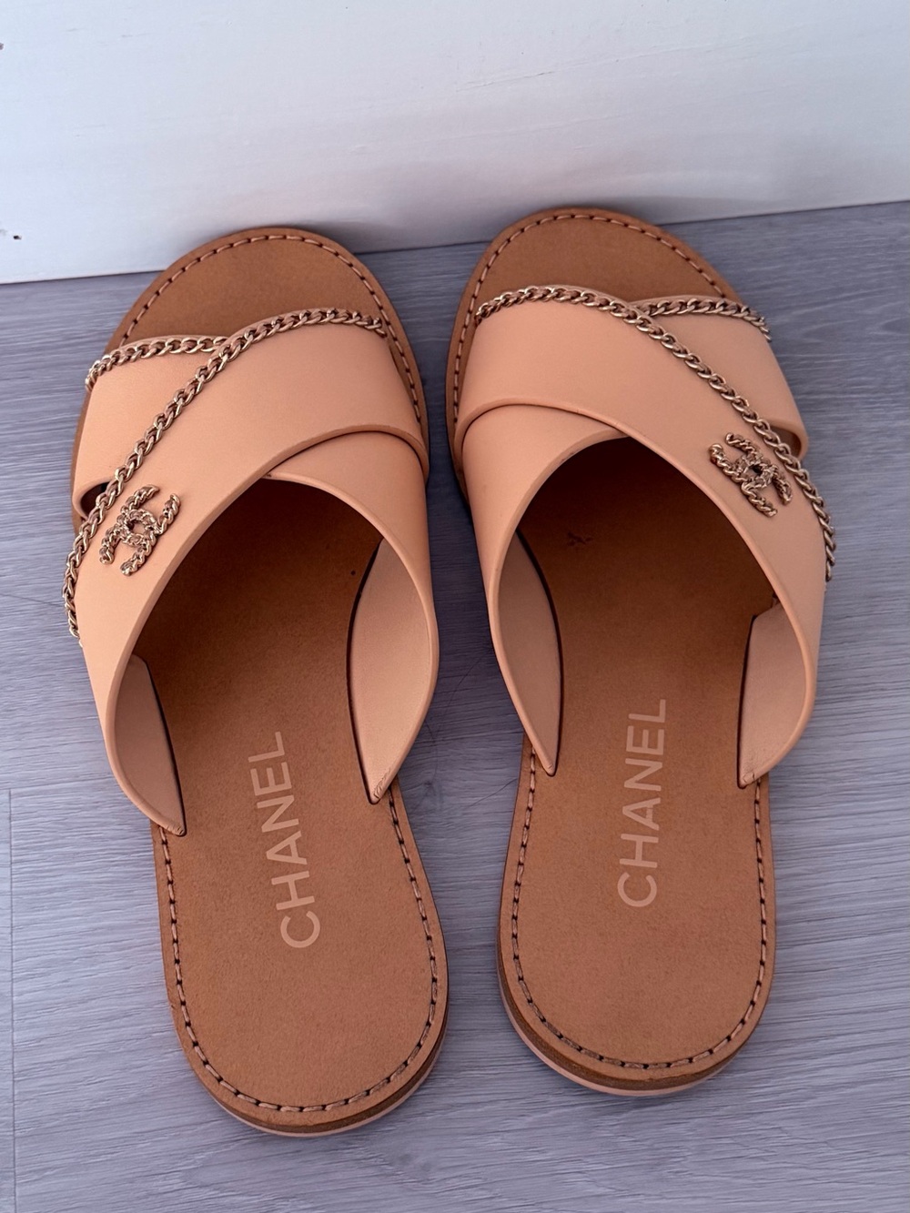CHANEL Peach Slide Sandals with Gold Chain & CC Charm